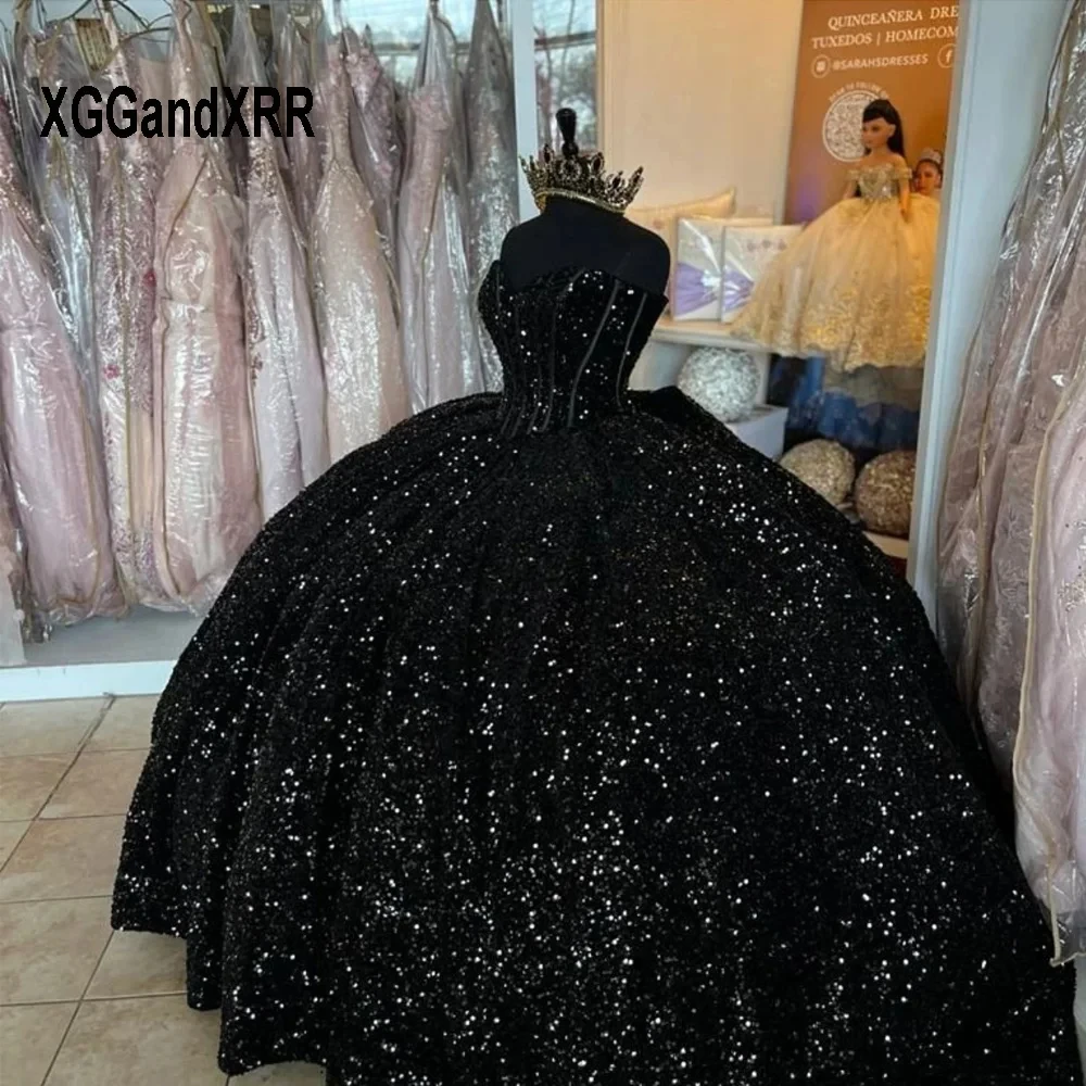 Черное платье Quinceanera по индивидуальному заказу 2024 бальное с блестками Sweet 16