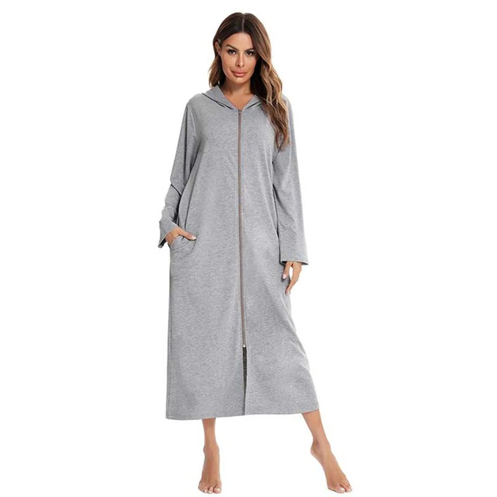 Autumn Women's Zipper Front Robe Coat With Pockets Modal Bathrobe Hooded Solid Long Sleeve Night Wear Sleepwear Women Gown 2023