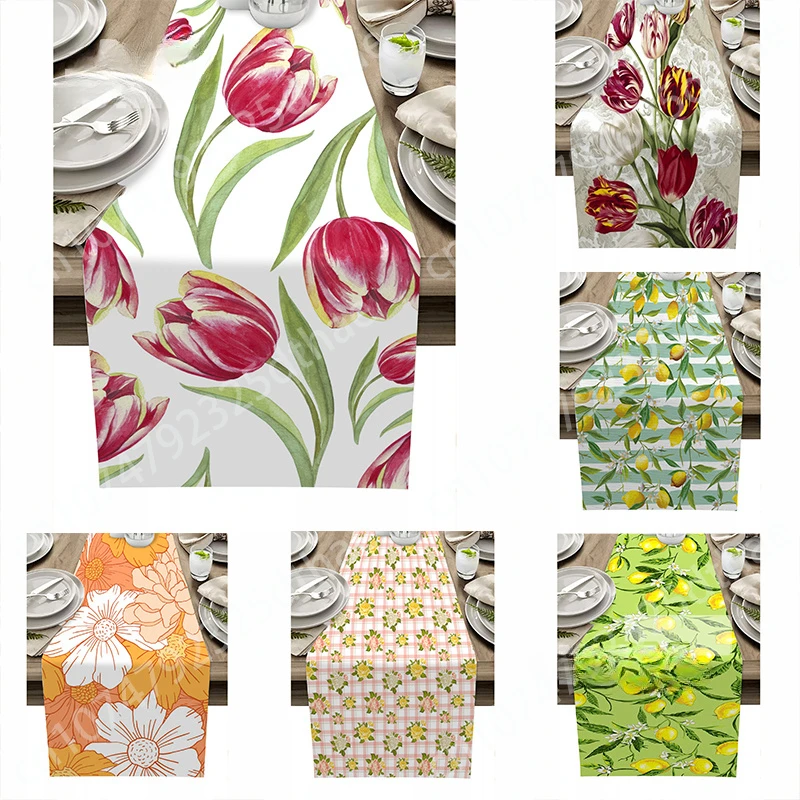 

Spring Lemon Leaves Texture Table Runner Tulip Flowers Home Decoration Anti-stain Rectangular Coffee Party wedding Decor Dinner