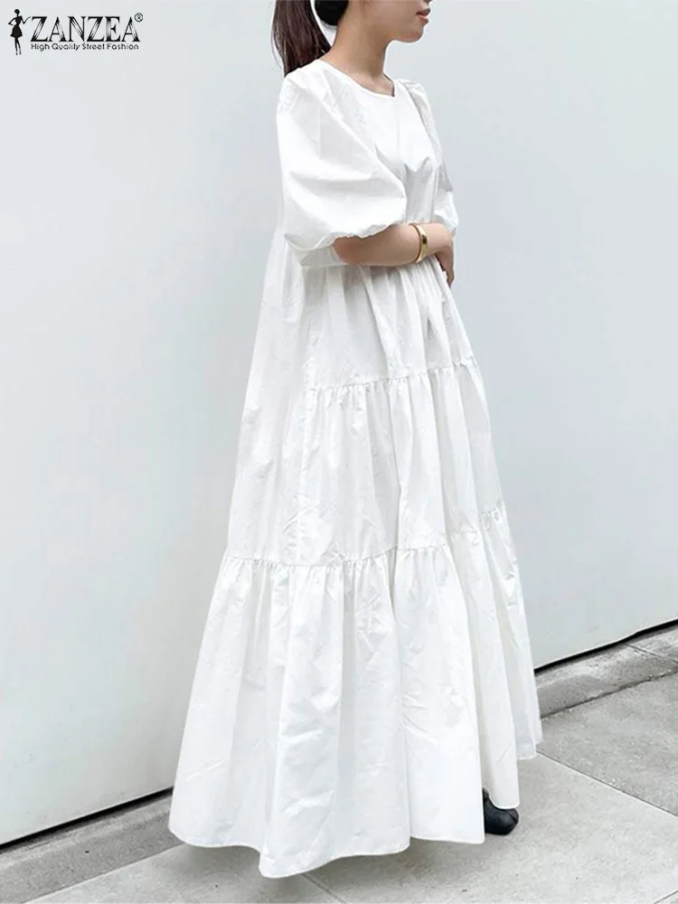 

ZANZEA Women Korean Fashion Long Robes Pleated Casual Loose Puff Sleeve Maxi Dress Tiered A-line Summer Holiday Solid Vestidos