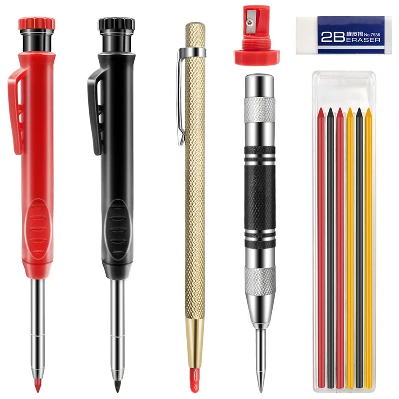 

TOP 2 Carpenter Pencils, With 6 Marker Refills, Carbide Scriber Tool, Automatic Center Punch, Rubber, Built-In Sharpener