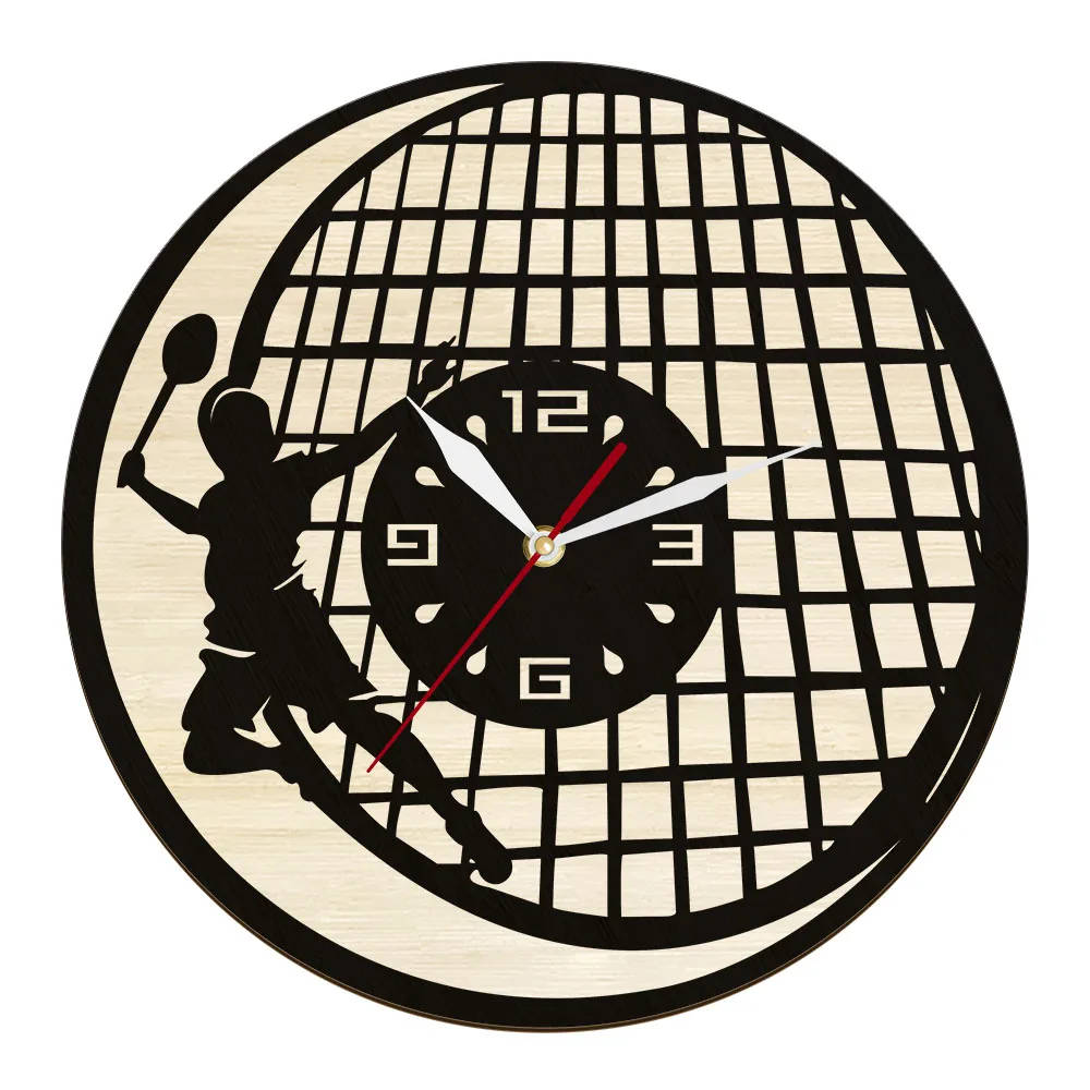 

Badminton Player Laser Cut Silhouette Wood Wall Clock For Bedroom Shuttlecock Home Decor Dual Layer Wooden Racquet Wall Watch