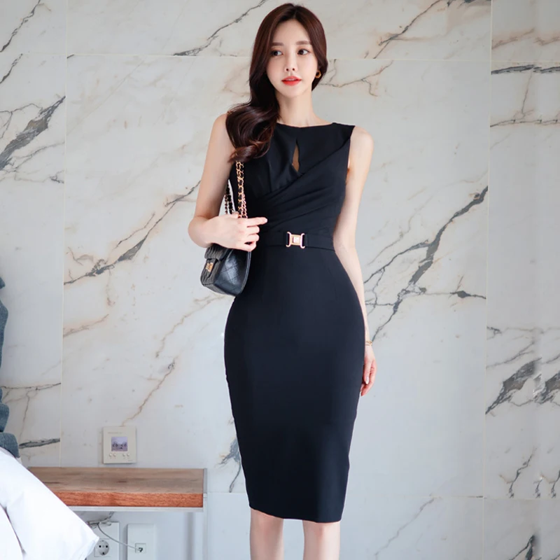 

Summer Women Slim Elegant Korean Black Midi Dress 2022 New Fashion Waist Sleeveless Bodycon Vestidos Femme Robe Lady Clothes