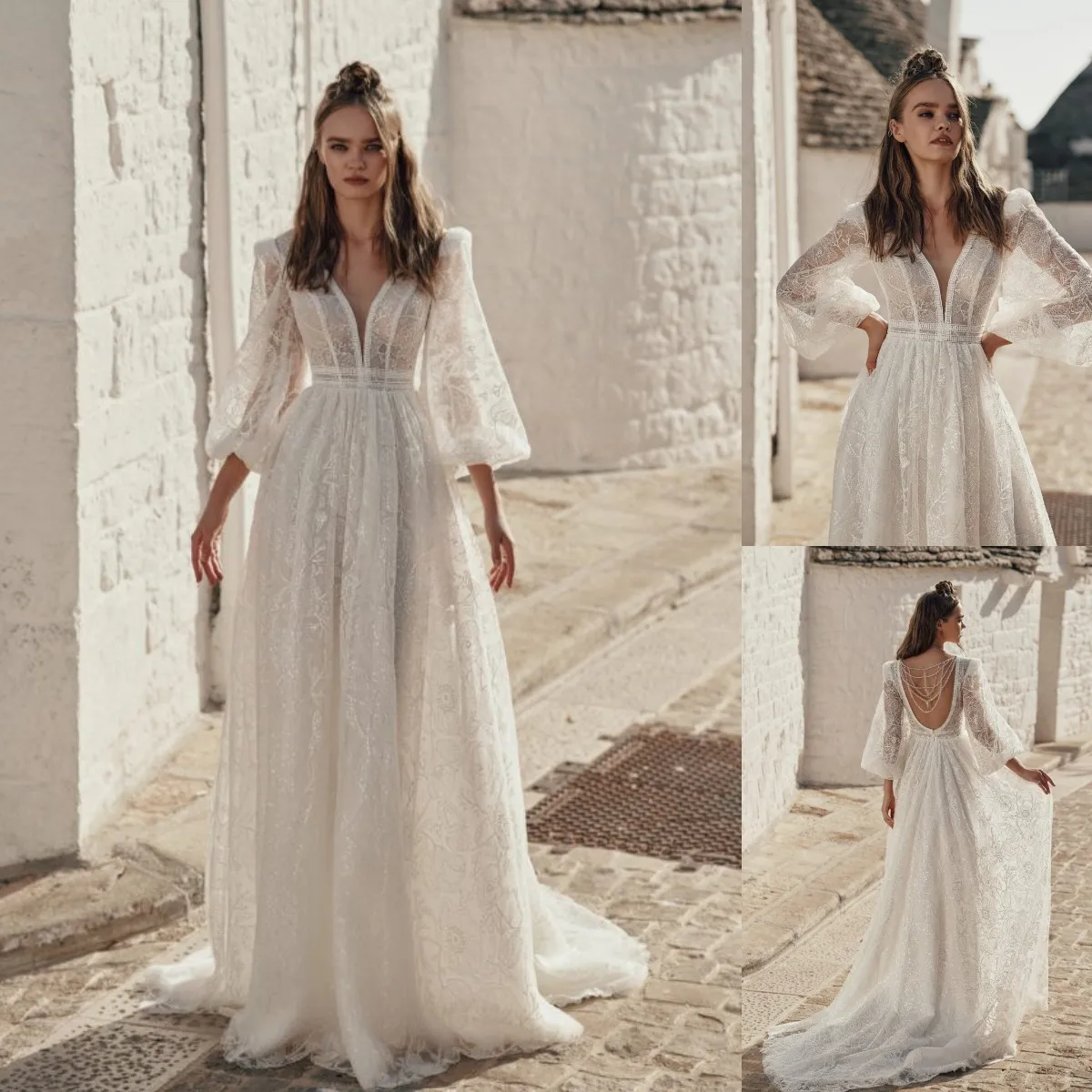 

Princess Boho 2023 Wedding Dress V-Neck Puff Sleeve Shiny Sequined Lace Tulle Bridal Gown Lace-Up Backless Vestidos De Novia