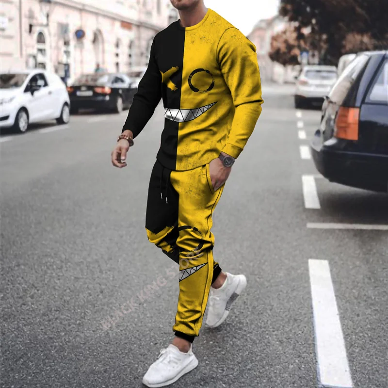 New Summer Smiley XXOO Pattern Men's 2 Piece Set Tracksuits 3D Print Long Sleeve T-shirt Suit Casual  Men Tshirt Streetwear Suit