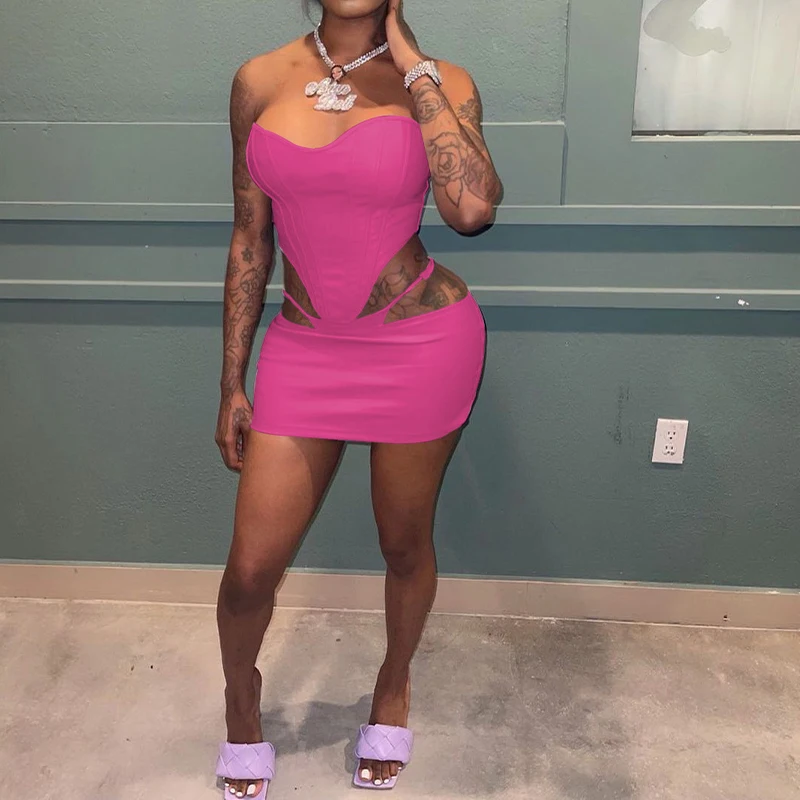 

2023 Nightclub Party Hot Girls Sexy Leather Strapless Crop Top+Fake 2Pcs Hollow Mini Wrap Hip Skirts Skinny Solid Matching Suits