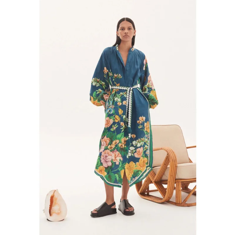 

Alemai* Women's Dress 2023 Autumn New Loose Bubble Sleeve Lace Up Flower Single Breasted Dress Casual Holiday Style Long Dress