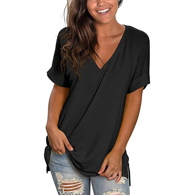 

T-shirt For Women 2022 Summer Fashion V-neck Short Sleeve Solid Color Tops Female Loose T Shirt Blouse