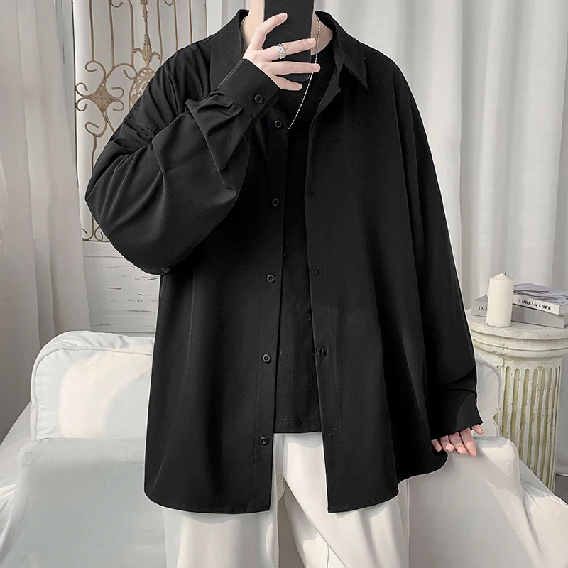 EOENKKY/Lce Silk Black Solid Color Shirt Men's Loose Casual Long-Sleeved Cardigan Fashion Spring and Summer Shirt BoysClothes