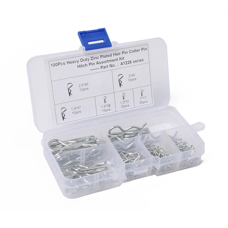 

100 Pcs R Cotter Pins Tractor Pin Car Clips Assortment Kit Hitch Hair Tractor steel Clip Cotter Grab Kit With Plastic Box
