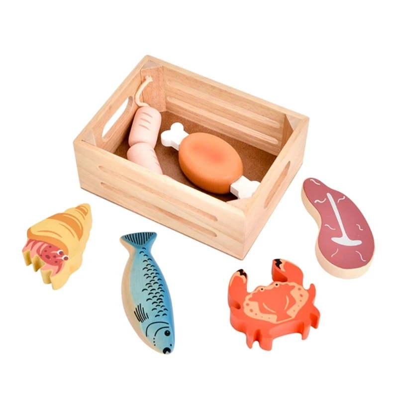 

Kid Cartoon Kitchen Food Toys Simulation Seafood Dessert Model and Wooden Storage Box Children Pretend Play Game Educational Toy