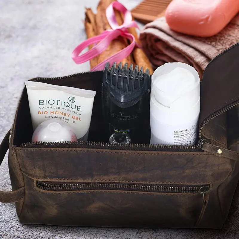 KomalC Genuine Distressed Tan/Hunter Buffalo Unisex Toiletry Bag Travel Dopp Kit - Perfect Choice for On-the-Go Organization.