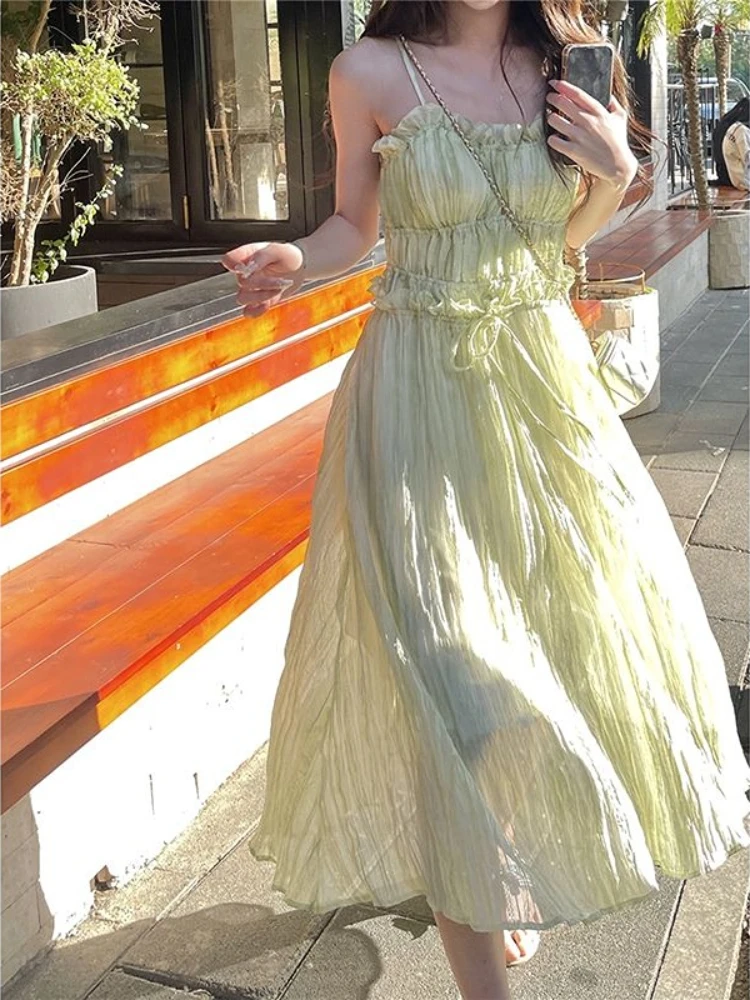 

Женское пляжное платье в Корейском стиле, зеленое милое модное летнее платье средней длины 2023, французское платье, милое шифоновое элегантное платье на бретелях в стиле бохо