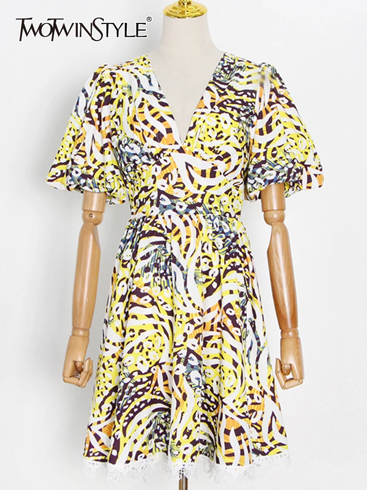 

TWOTWINSTYLE Print Lace Panel Dress For Women V Neck Puff Sleeve Rise Waist Color Block Casual Dresses Female Fashion New 2022