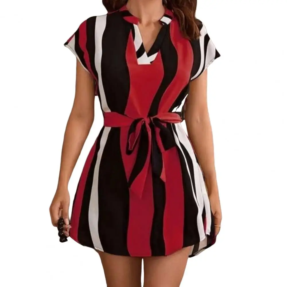 

Women Dress V-Neck Breathable Fade-Resistant Patchwork Color Machine Washable Decorative Polyester Above Knee-Length Dress