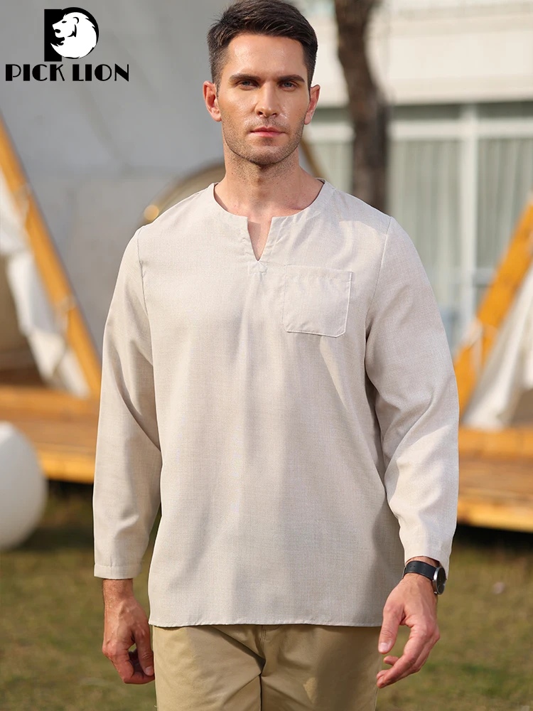 

Рубашка мужская с длинным рукавом, хлопок и лен, однотонная модная футболка с воротником-стойкой, повседневный пляжный стиль, дышащий Топ, лето