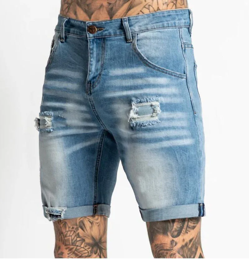 Pop Men Stretch Short Jeans Fashion Casual Slim Fit High Quality Elastic Denim Shorts Male Hole Out