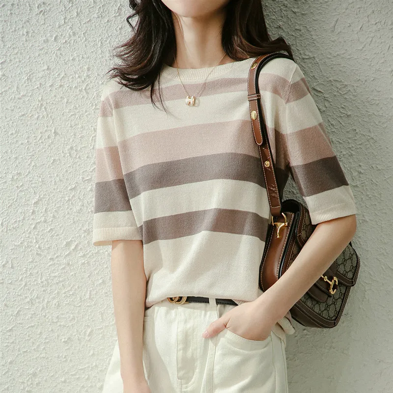 

Женская летняя новая повседневная трикотажная футболка в полоску с коротким рукавом свободный универсальный топ из льняной ткани с круглым вырезом и коротким рукавом Лидер продаж