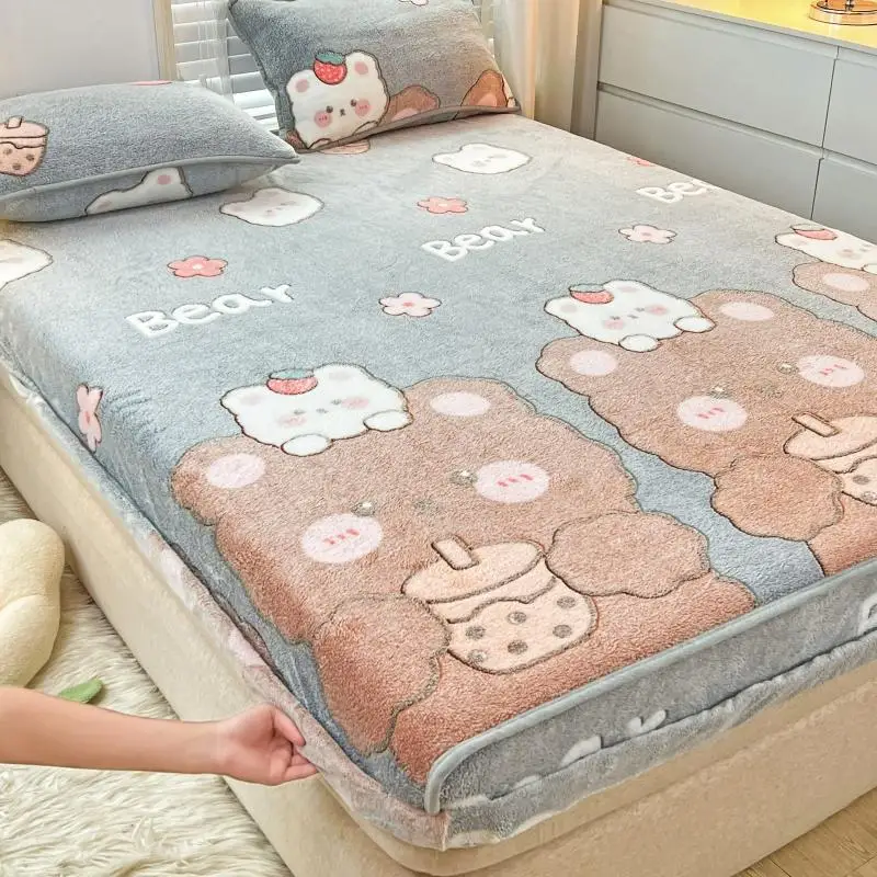 

Cartoon Coral Fleece Bed Sheets Winter Flannel Bedspread For Girls Kids Couple Double Bed Elastic Fitted Sheet Mattress Cover