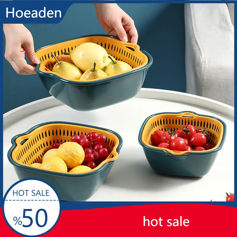 

Kitchen Double Drain Basket Bowl Washing Storage Basket Strainers Bowls Drainer