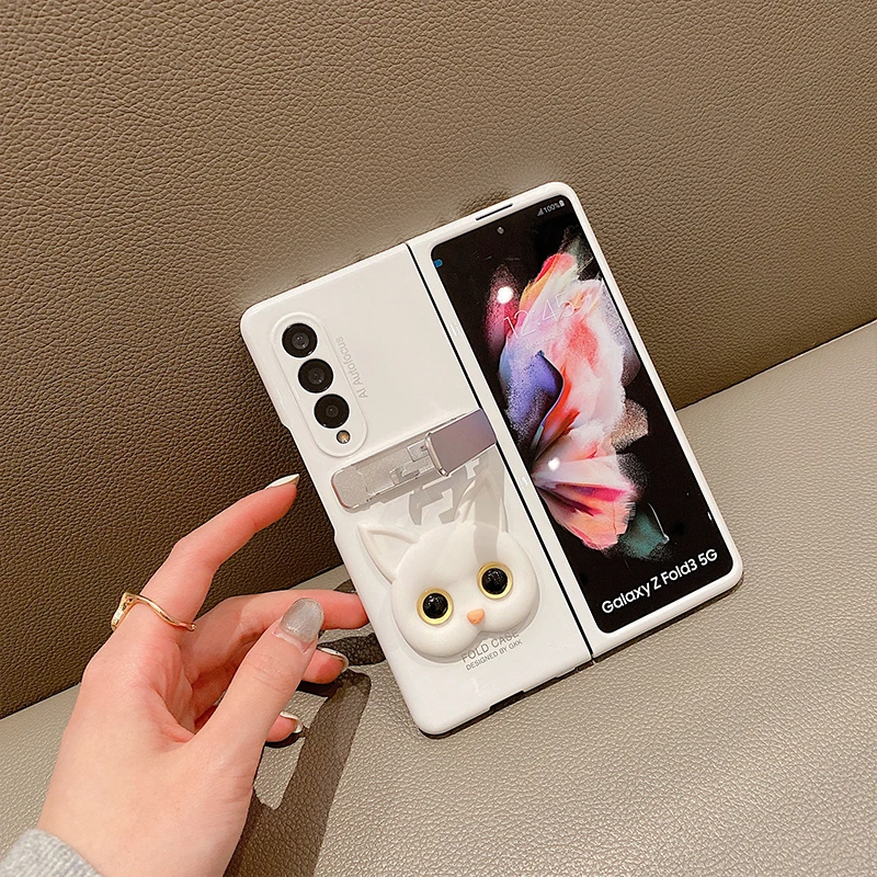 

Cute Cat Metal Folding Holder Phone case For Samsung Galaxy Z Fold 3 4 Stand Piano baking paint Z Fold 2 Cover