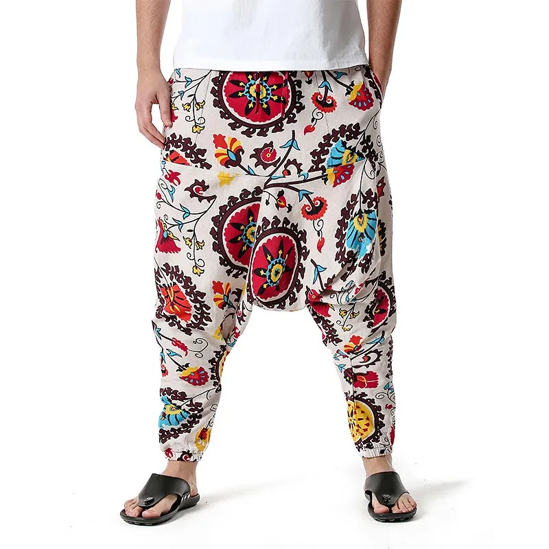 

Mens Baggy Hippie Harem Pants Summer Casual Sports Cotton Drop Crotch Pants Hip Hop Genie Boho Floral Print Sweatpants Male XXXL