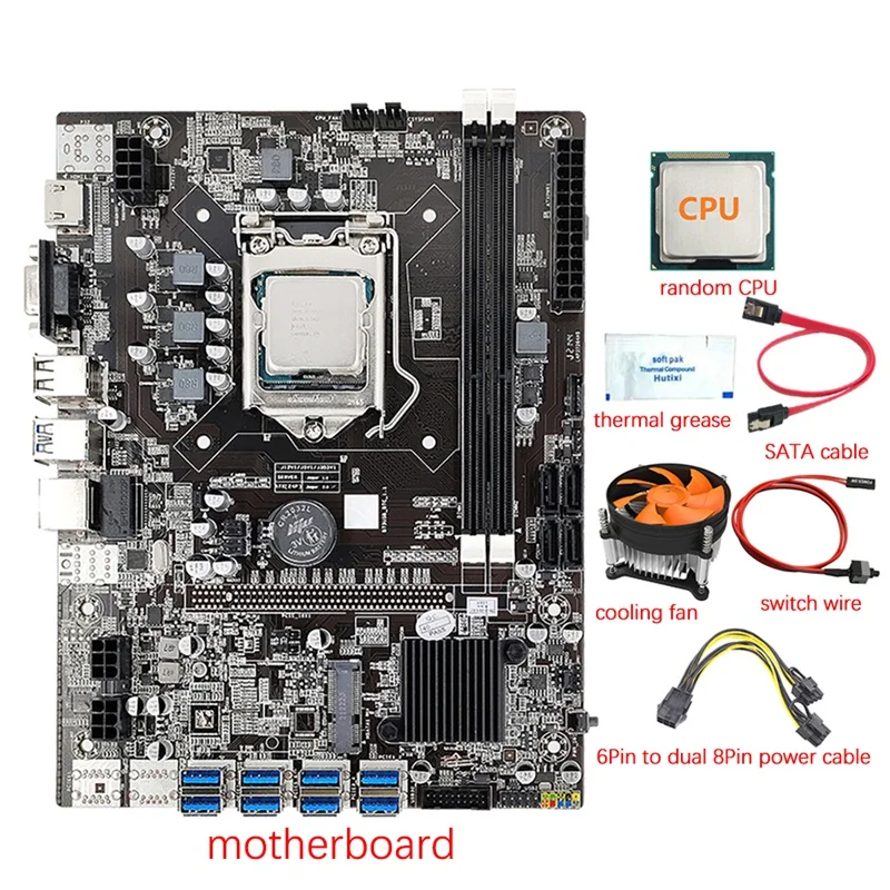 B75 8 GPU Mining Motherboard+CPU+Fan+Thermal Grease+Power Cable+Switch Cable 8X USB 3.0 To PCIE LGA1155 DDR3 RAM SATA3.0