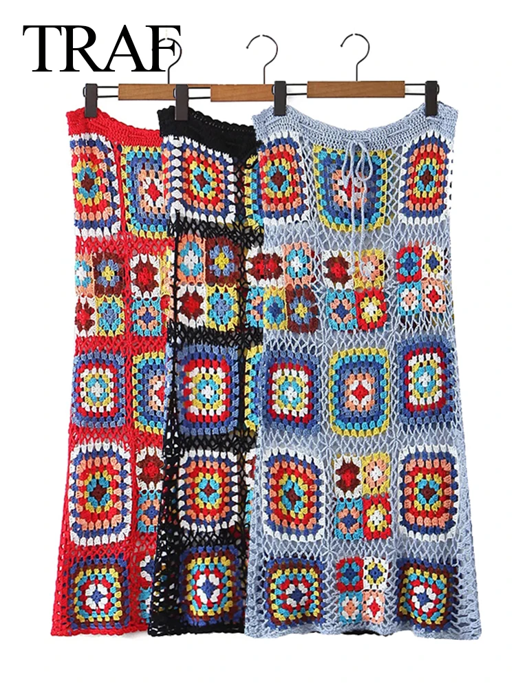 

TRAF Vintage Crochet Black Skirt Bright Flowers Drawstring A-line Fashion Elegant Slit Chic Chinese Style Skirt Women Street