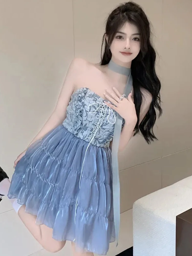 

Summer Dresses Woman 2022 Vintage Design Strapless Ball Gown Dress Fashion sleeveless Lace Fluffy Princess cute Skirt Female