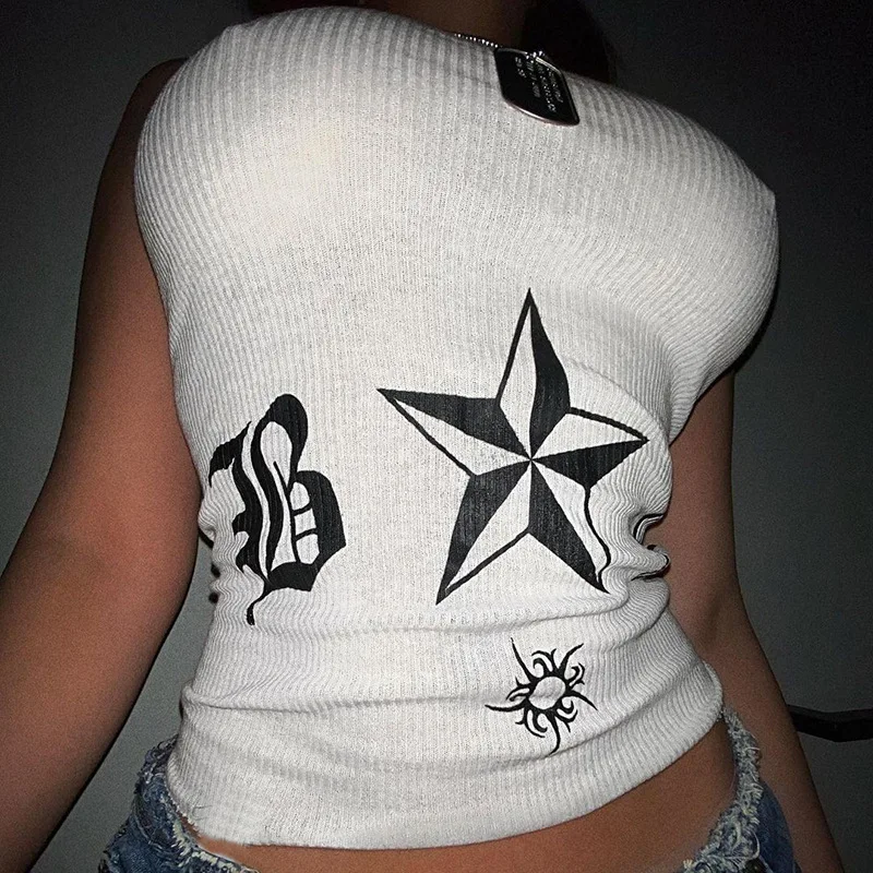 

Harajuku Grunge Print Tank Top Summer Casual Ribbed Knitted Sleeveless Crop Top E-girl Gothic Mall Goth Vest Clothes Women