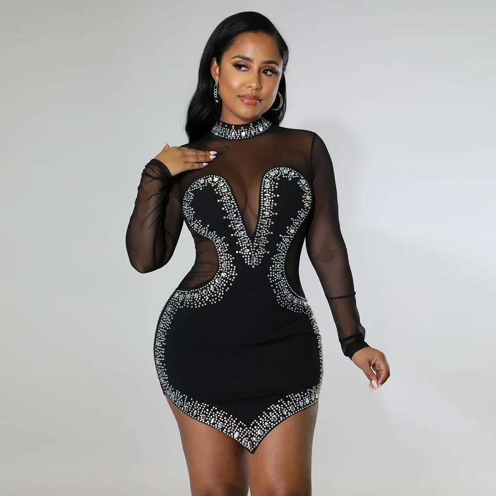 

Women Summer Dress Irregular Sexy Bodycon Deep V Sheer Dress Mesh Hot Drill Slim Fit See Through Corset Party Nightclub Dress