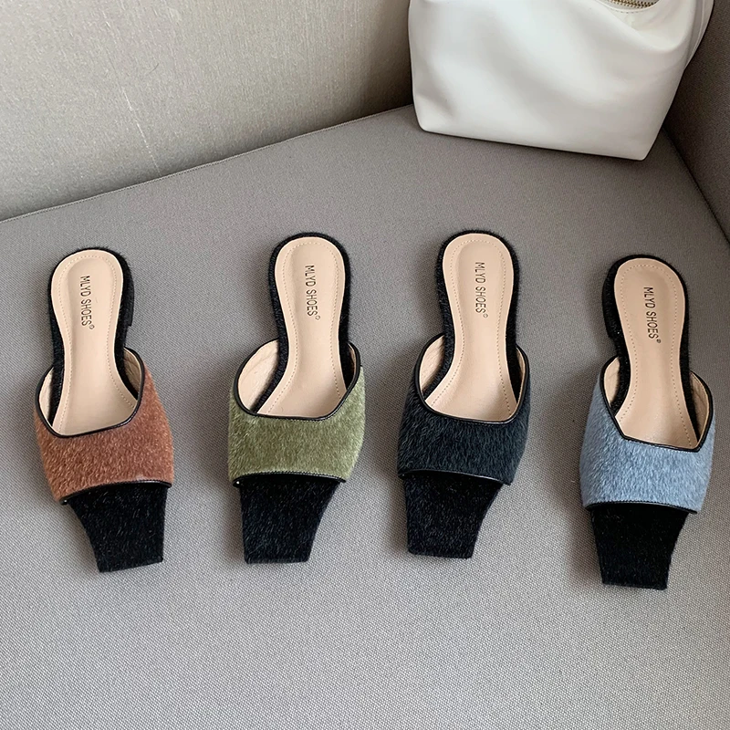 

New Fur Ladies Slippers Women Flip Flops Summer 2022 Fashion Casual Home Indoor Square Toe Slides Female Shoes Outside Flats