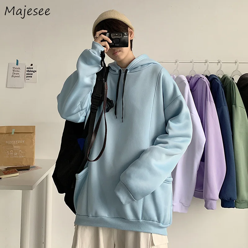 

Men With Hat Hoodies Solid Simple Loose Outwear Ulzzang Fashion Ins Casual All-match Spring New Various Color Harajuku Pockets