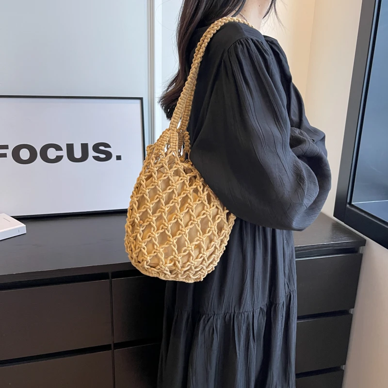 

2023 New Fashion Cotton Yarn Knitting Elastic Mommy Shoulder Bag Diaper Mesh Bag Hand Knitted Bag Mom's Gift with Inner Bag