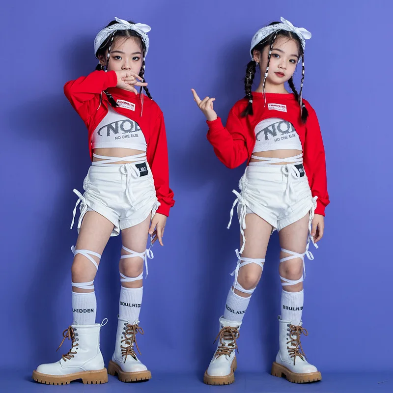 

Kid Kpop Hip Hop Clothing Red Sweatshirt Long Sleeve Crop Top White Drawstring Ruched Shorts for Girl Jazz Dance Costume Clothes