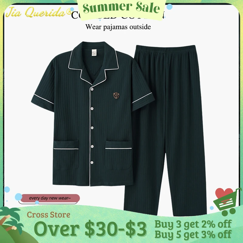

2022 New Trendy Summer Men Nightwear Knitted Cotton Pajamas Set 3XL Blackish Green Turn-down Collar Elegant Men's Homesuits