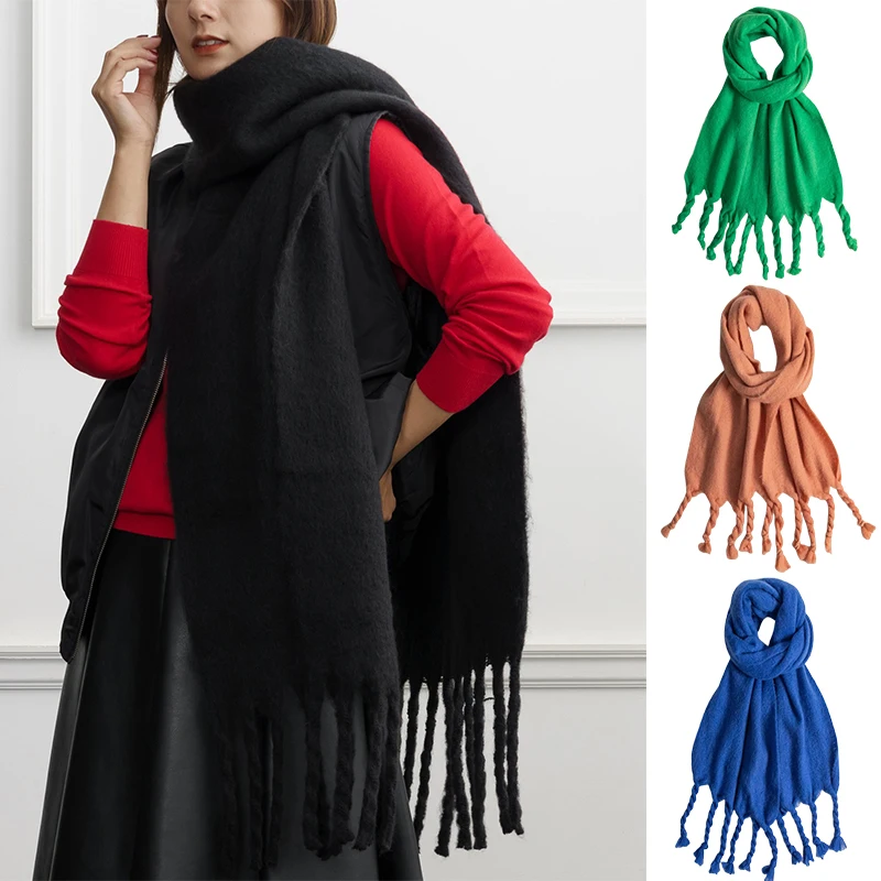 

Зимний теплый шарф, шали, роскошные кашемировые яркие однотонные дизайнерские женские модные шарфы, длинные кисточки, одеяло из пашмины, шарфы