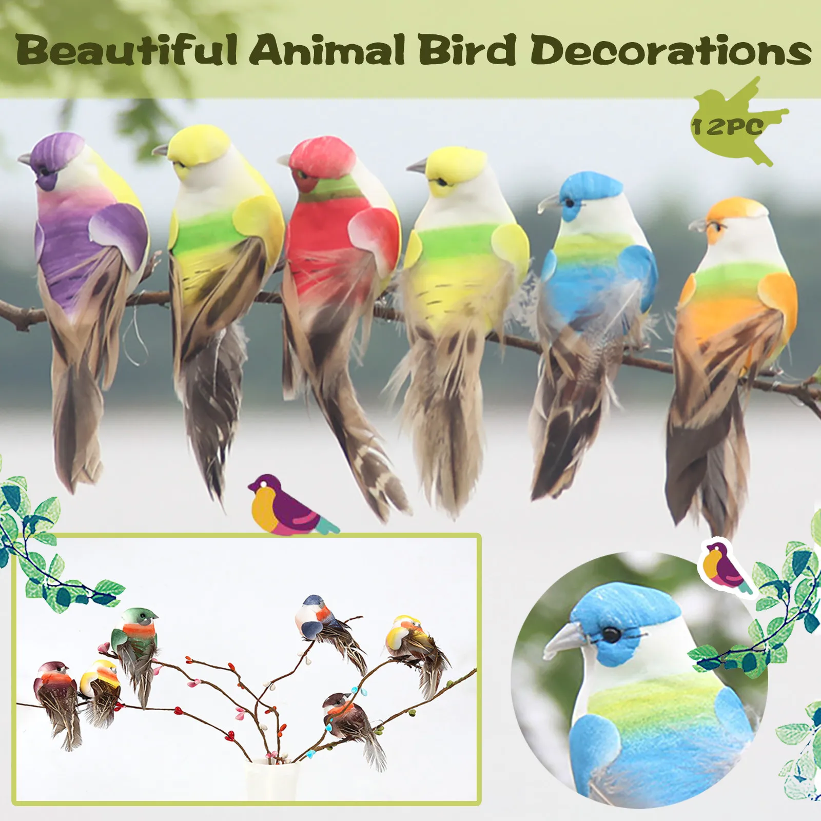 

12PC Ornaments Tree Ornament Bird Animal Bird Ornaments For Small Garden Mini Home Decor Sensory Set