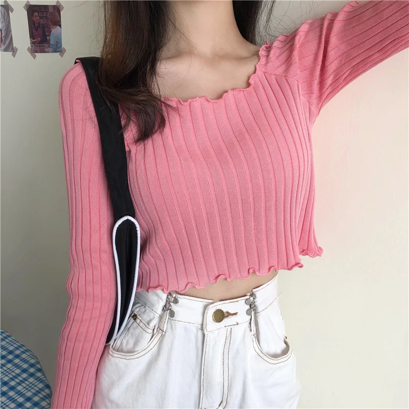 

Women's sweater 2021Winter Fashion Sexy Navel Bare Cropped Tops Chic Wave Edge Casual Lady Knitted Pullover Short Solid Sweaters
