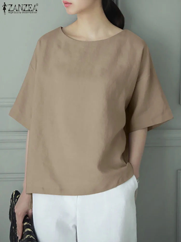 

Летняя Блузка ZANZEA, модная женская элегантная офисная рубашка, женские повседневные свободные топы, туника оверсайз с круглым вырезом, женск...