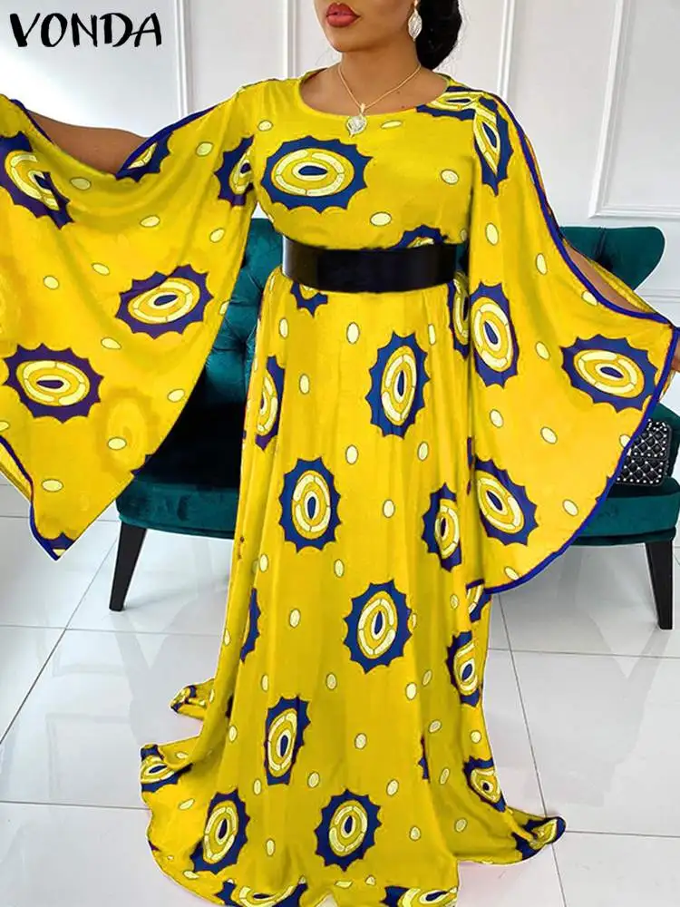

Holiday Women Summer Dress 2022 VONDA Bohemian Vintage Printed Pleated Dress Long Sleeve Flare Sleeves Party Vestidos Femme Robe