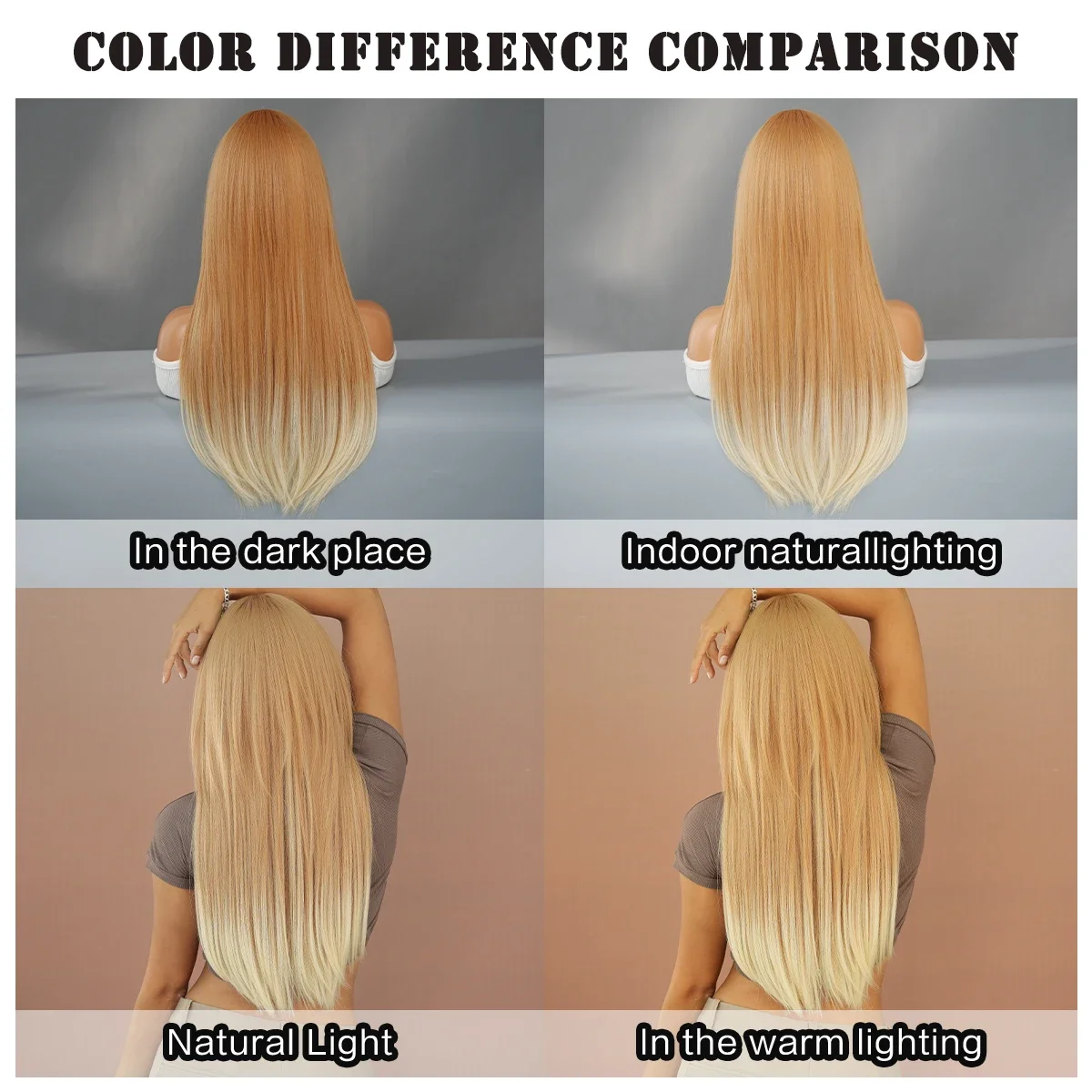 Длинные прямые бежевые светлые парики с эффектом омбре челкой-занавеской