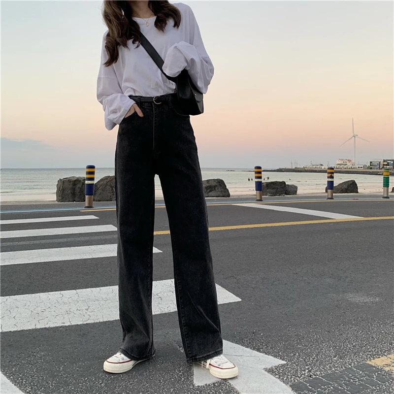

N2677 New black straight wide leg pants high waist slim jeans