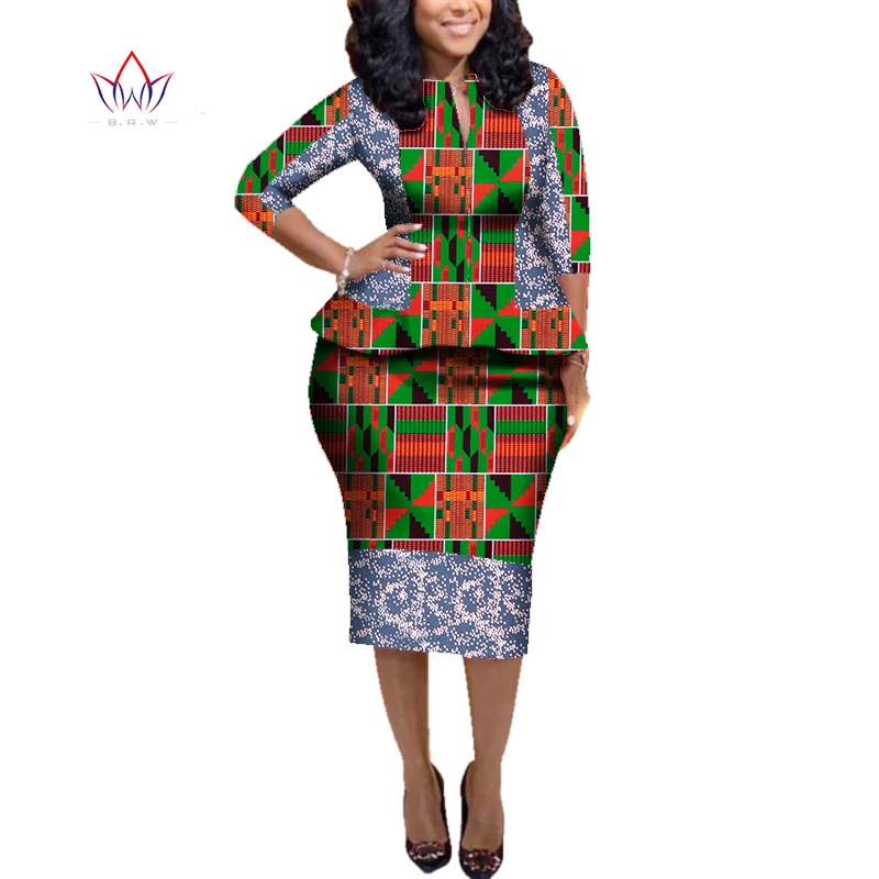

African Denim Two Piece Set for Women Bazin Riche Pachwork Elegant Traditional African Clothing Knee Length Skirt Sets WY5706