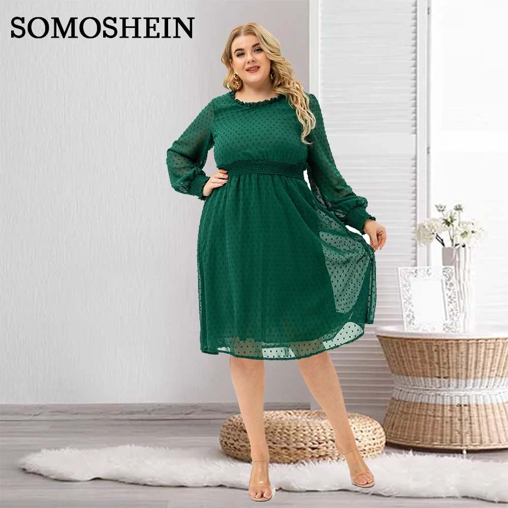 

Plus Size Women Clothing Elegant Solid Color Round Neck High Waist Long Sleeve Dress Party Evening Dress Wholesale Dropshipping