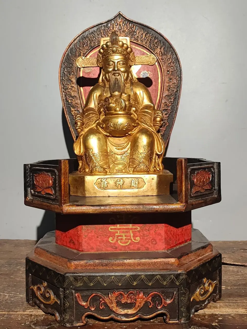 

19" Tibetan Temple Collection Old Bronze Gilt God of Fortune Buddha statue lacquerware Buddhist niche worship hall Town house