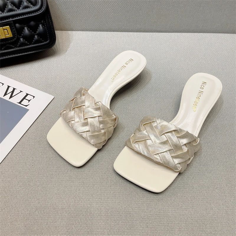 

Cat Heel Weave Ladies Slippers Women 2022 New Summer Casual Outside Beach Slides Female Elegant Sandals Thin Heel Pumps Mujer