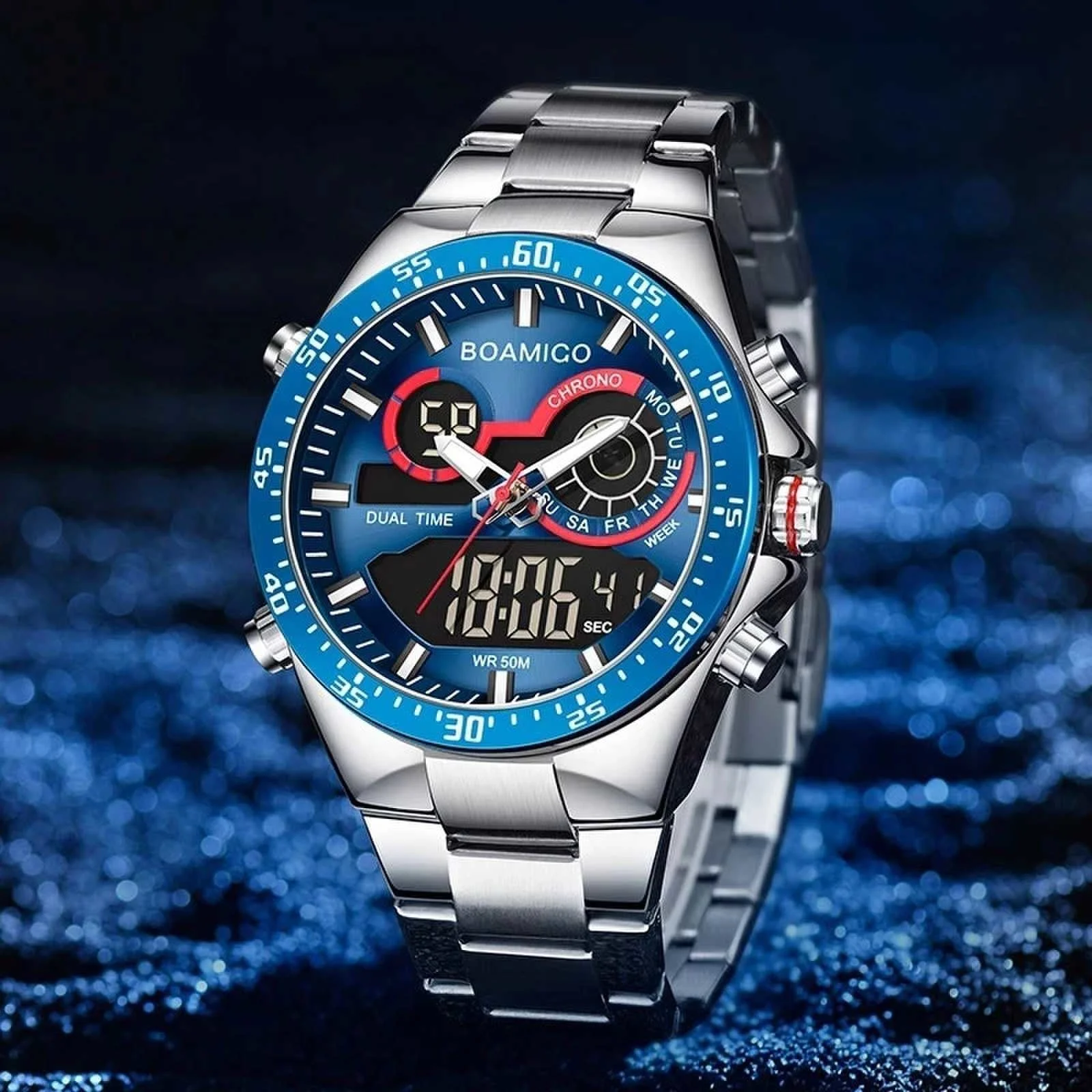 Роскошные мужские цифровые часы BOAMIGO F549 синего цвета, стильные водонепроницаемые часы с браслетом из нержавеющей стали, показывают Неделю в деловом стиле