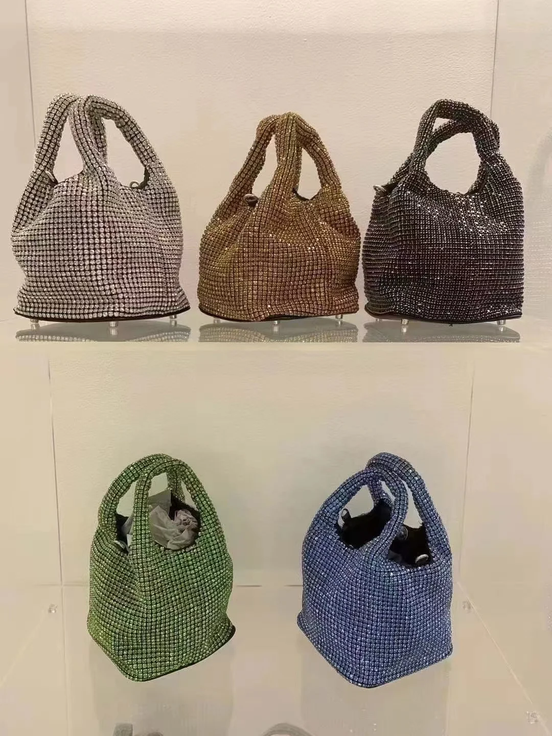 

Luxury Design Crystal Shiny Rhinestone Diamond Bucket Bag Women Handbag Evening Bag Dinner Party Clutch Purse Shoulder Chain Bag