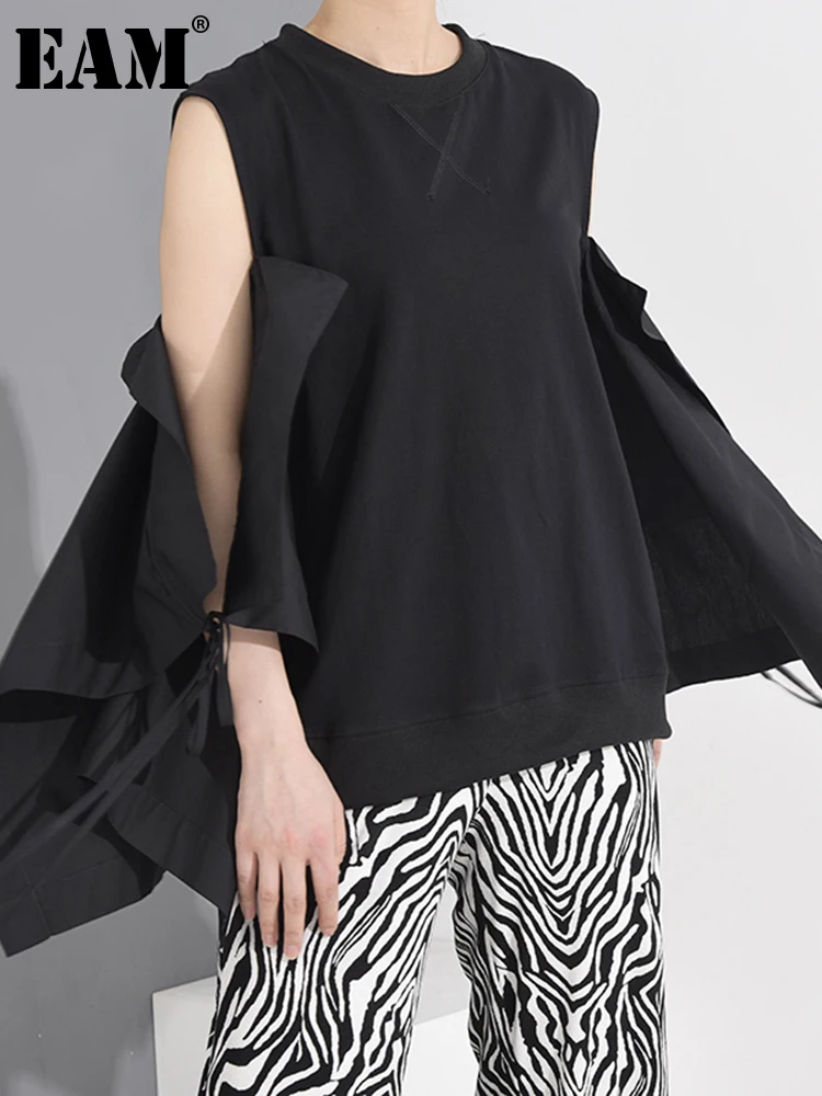 

Женская футболка с открытыми плечами EAM, черная футболка с круглым вырезом и расклешенным длинным рукавом, весна-лето 2023, 1U65401